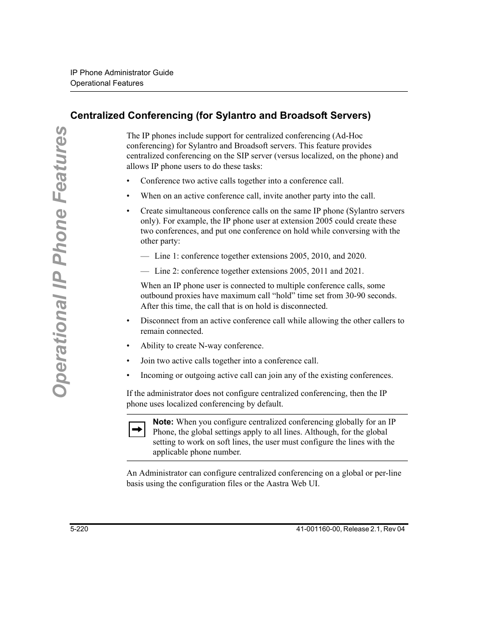 Centralized conferencing (for, Sylantro and broadsoft servers), Centralized | Conferencing (for sylantro and broadsoft servers), Centralized conferencing, For sylantro and broadsoft servers), Operational ip phone features | Aastra Telecom SIP 57I User Manual | Page 430 / 818