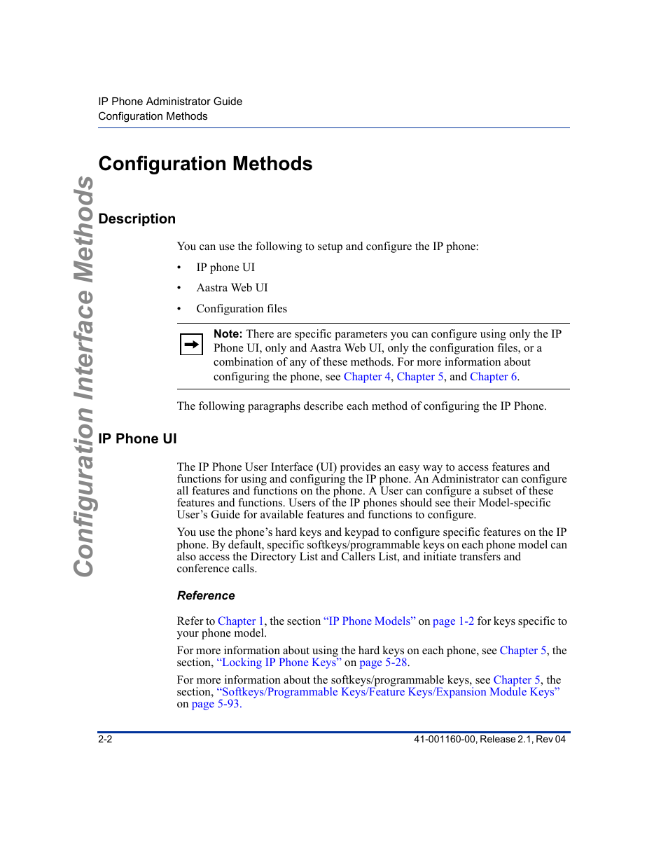 Configuration methods, Description, Ip phone ui | Reference, Configuration methods -2, Description -2, Ip phone ui -2, Configuration interface methods | Aastra Telecom SIP 57I User Manual | Page 44 / 818