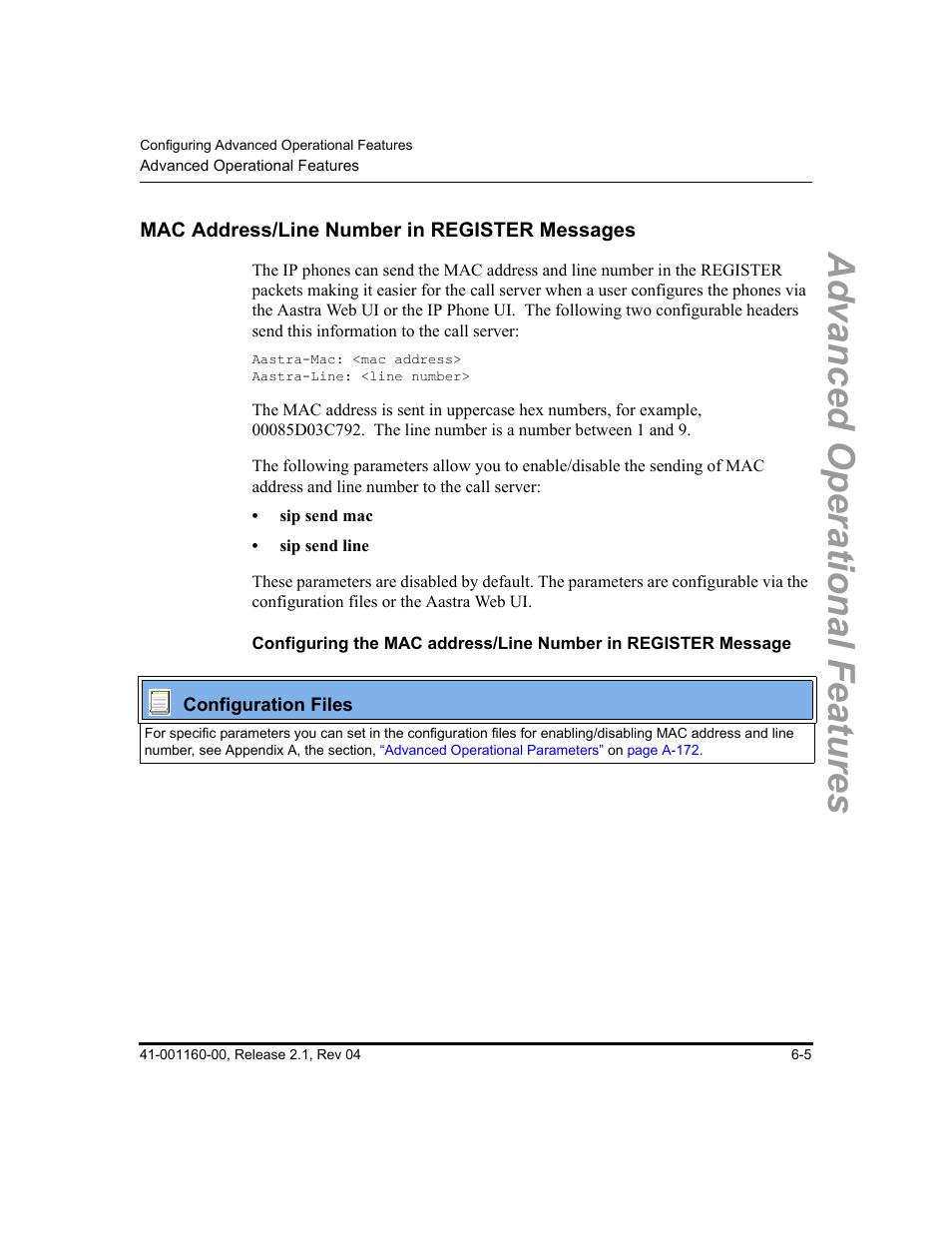 Mac address/line number in register messages, Mac address/line number in register messages -5, Mac address | Line number in register messages, Advanced operational features | Aastra Telecom SIP 57I User Manual | Page 443 / 818