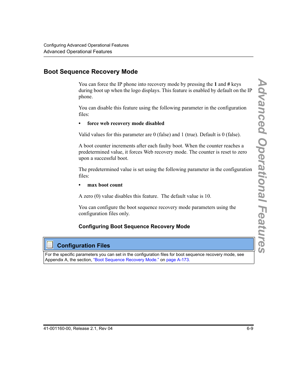 Boot sequence recovery mode, Configuring boot sequence recovery mode, Boot sequence recovery mode -9 | Advanced operational features | Aastra Telecom SIP 57I User Manual | Page 447 / 818
