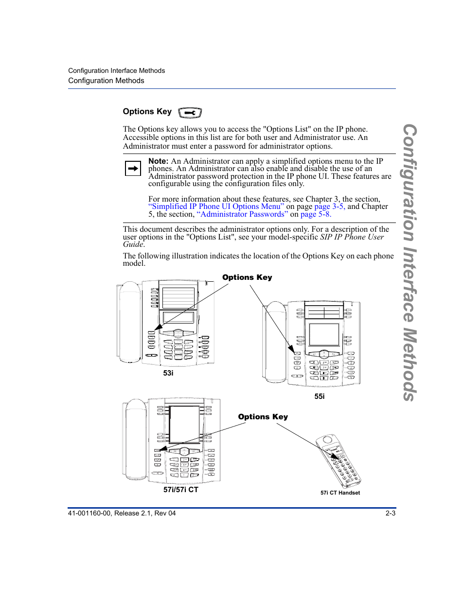 Options key, Configuration interface methods | Aastra Telecom SIP 57I User Manual | Page 45 / 818