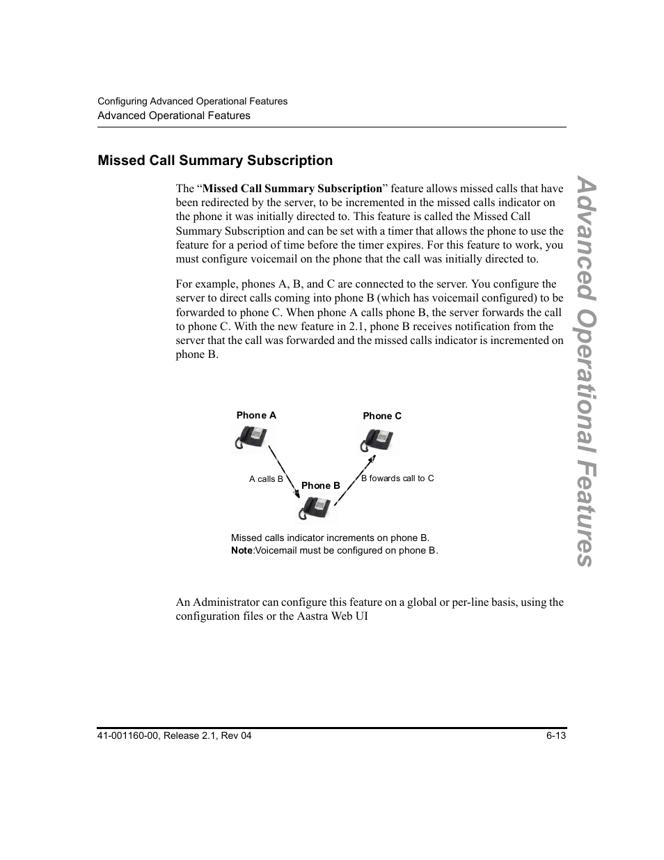 Missed call summary subscription, Missed call summary subscription -13, Missed call | Summary subscription, Advanced operational features | Aastra Telecom SIP 57I User Manual | Page 451 / 818