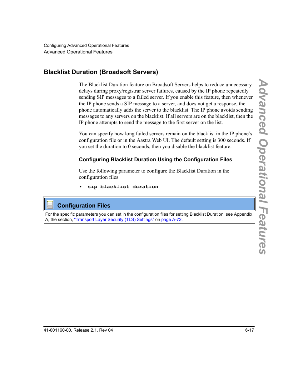 Blacklist duration (broadsoft servers), Blacklist duration (broadsoft servers) -17, Blacklist duration | Broadsoft servers), Advanced operational features | Aastra Telecom SIP 57I User Manual | Page 455 / 818