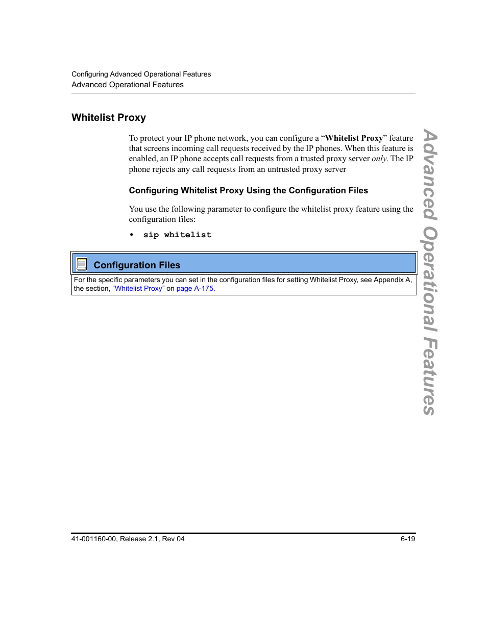 Whitelist proxy, Whitelist proxy -19, Advanced operational features | Aastra Telecom SIP 57I User Manual | Page 457 / 818