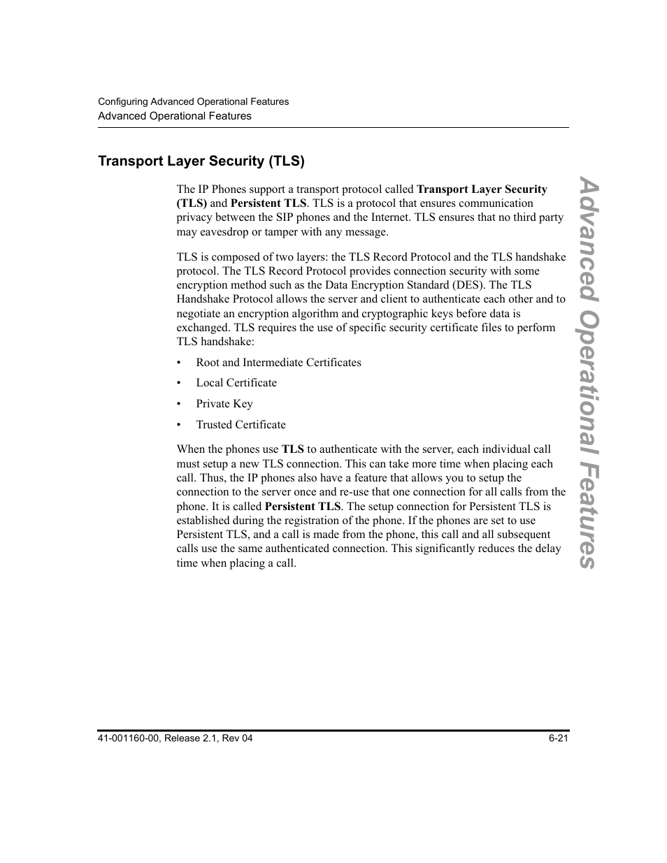 Transport layer security (tls), Transport layer security (tls) -21, Advanced operational features | Aastra Telecom SIP 57I User Manual | Page 459 / 818