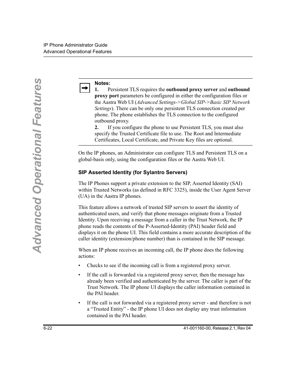 Sip asserted identity (for sylantro servers), Advanced operational features | Aastra Telecom SIP 57I User Manual | Page 460 / 818