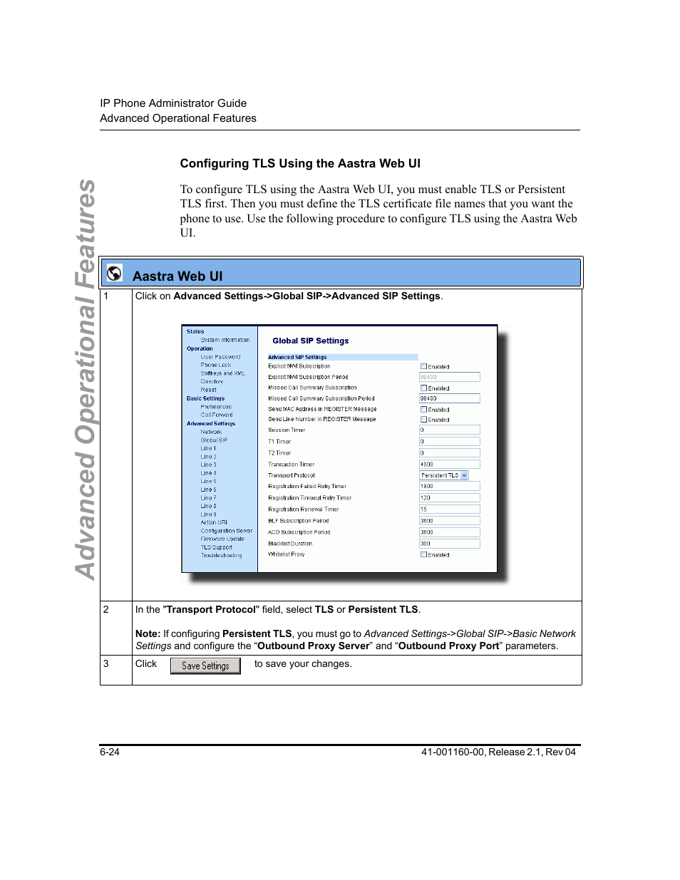 Configuring tls using the aastra web ui, Advanced operational features | Aastra Telecom SIP 57I User Manual | Page 462 / 818