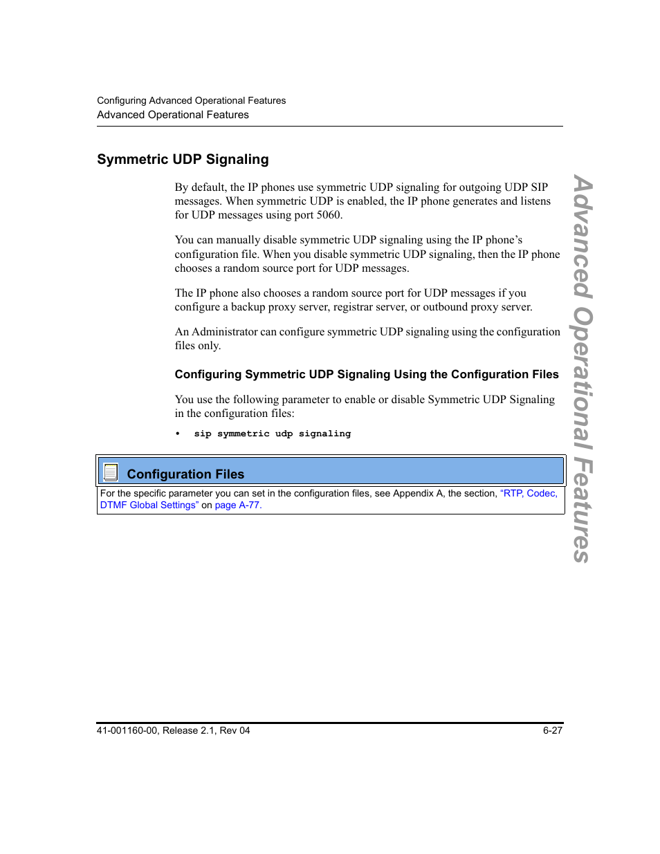 Symmetric udp signaling, Symmetric udp signaling -27, Advanced operational features | Aastra Telecom SIP 57I User Manual | Page 465 / 818