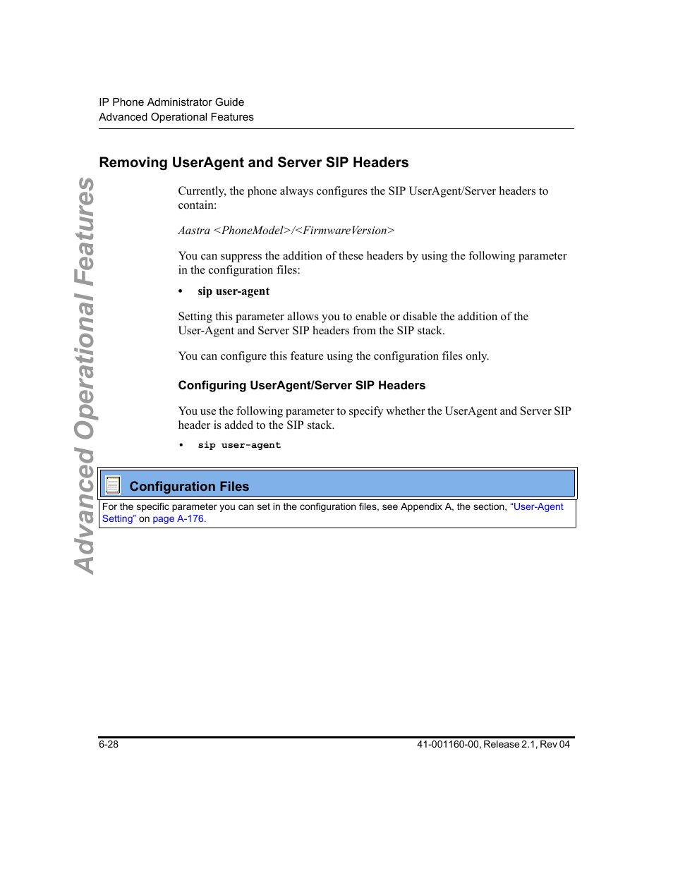 Removing useragent and server sip headers, Configuring useragent/server sip headers, Removing useragent and server sip headers -28 | Advanced operational features | Aastra Telecom SIP 57I User Manual | Page 466 / 818