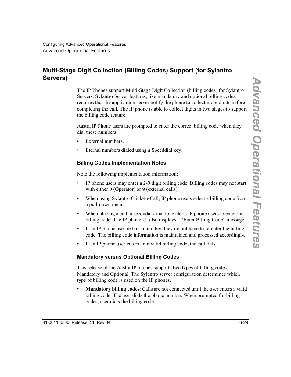Billing codes implementation notes, Mandatory versus optional billing codes, Advanced operational features | Aastra Telecom SIP 57I User Manual | Page 467 / 818