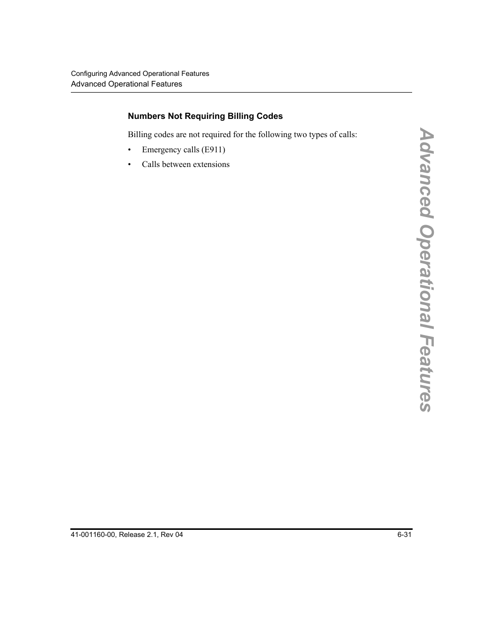 Numbers not requiring billing codes, Advanced operational features | Aastra Telecom SIP 57I User Manual | Page 469 / 818