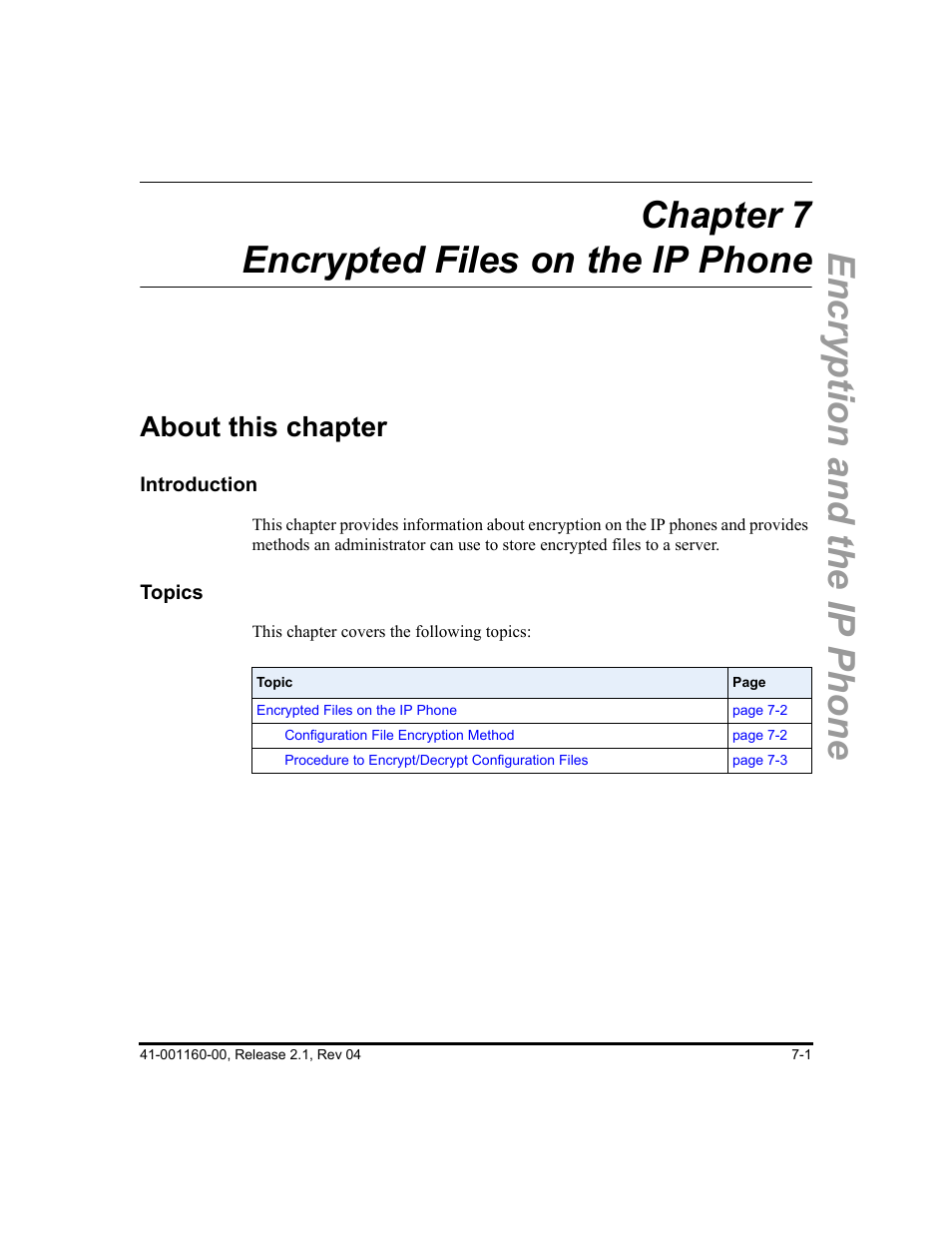 Chapter 7 encrypted files on the ip phone, About this chapter, About this chapter -1 | Chapter 7 | Aastra Telecom SIP 57I User Manual | Page 471 / 818