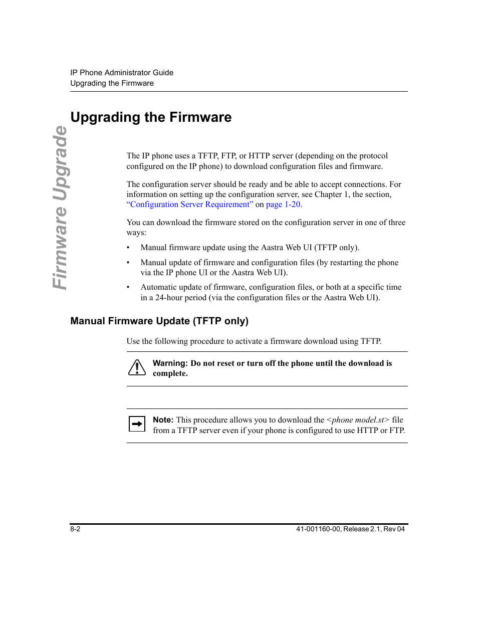 Upgrading the firmware, Manual firmware update (tftp only), Upgrading the firmware -2 | Manual firmware update (tftp only) -2, Firmware upgrade | Aastra Telecom SIP 57I User Manual | Page 478 / 818