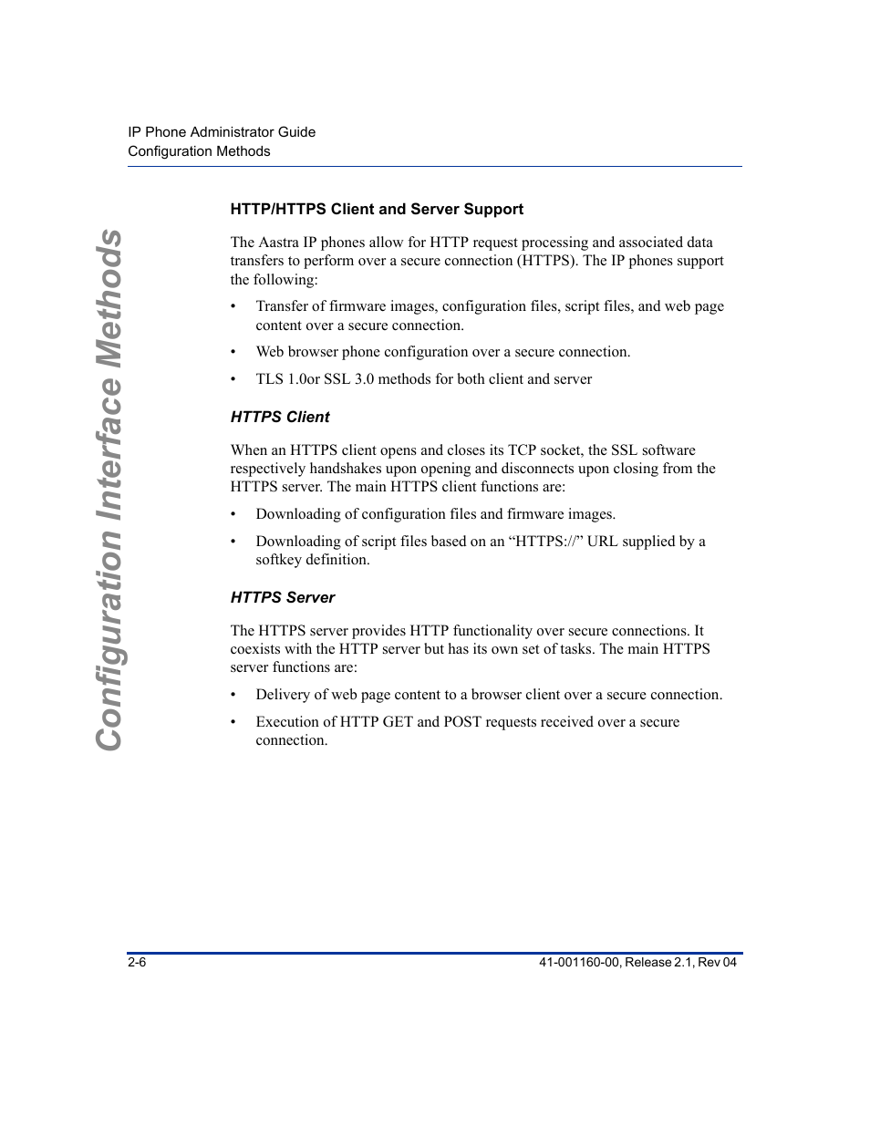 Http/https client and server support, Https client, Https server | Configuration interface methods | Aastra Telecom SIP 57I User Manual | Page 48 / 818
