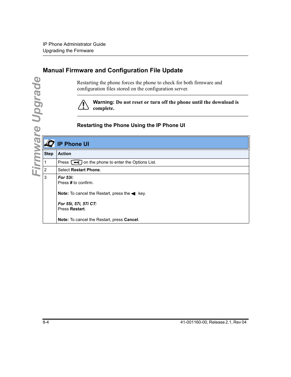 Manual firmware and configuration file update, Restarting the phone using the ip phone ui, Manual firmware and configuration file update -4 | Firmware upgrade | Aastra Telecom SIP 57I User Manual | Page 480 / 818