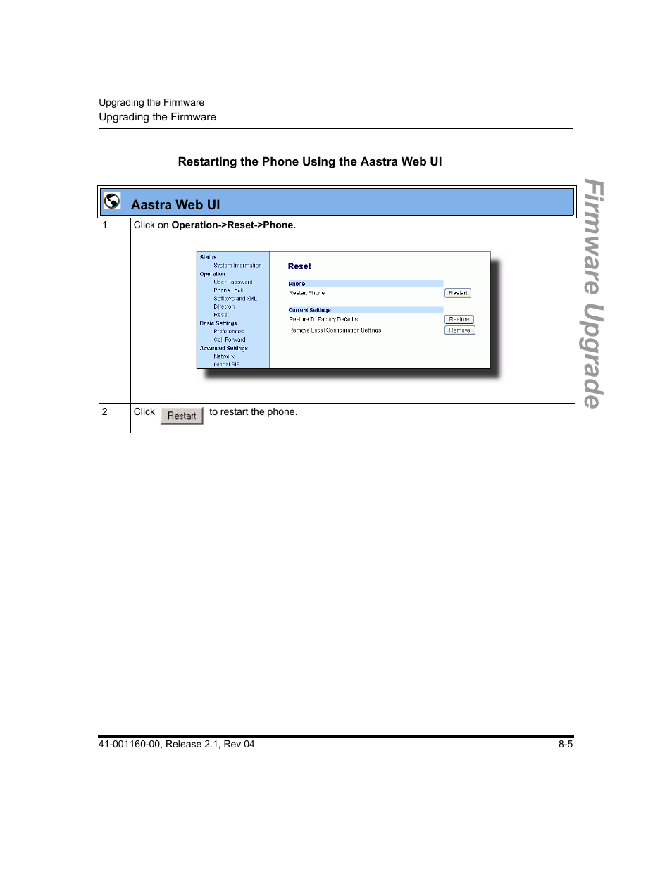 Restarting the phone using the aastra web ui, Firmware upgrade | Aastra Telecom SIP 57I User Manual | Page 481 / 818