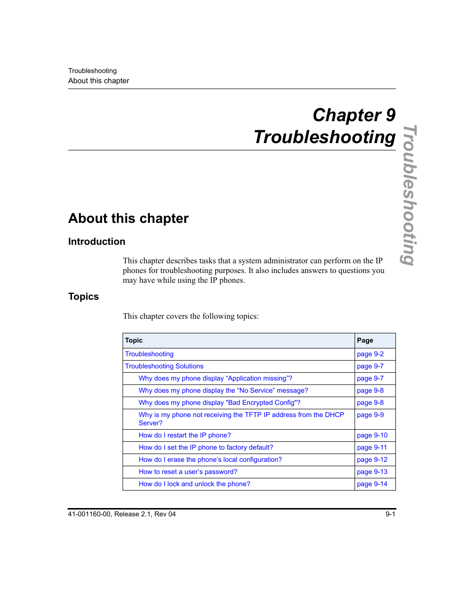 Chapter 9 troubleshooting, About this chapter, About this chapter -1 | Chapter 9, Troubleshooting chapter 9 troubleshooting | Aastra Telecom SIP 57I User Manual | Page 487 / 818