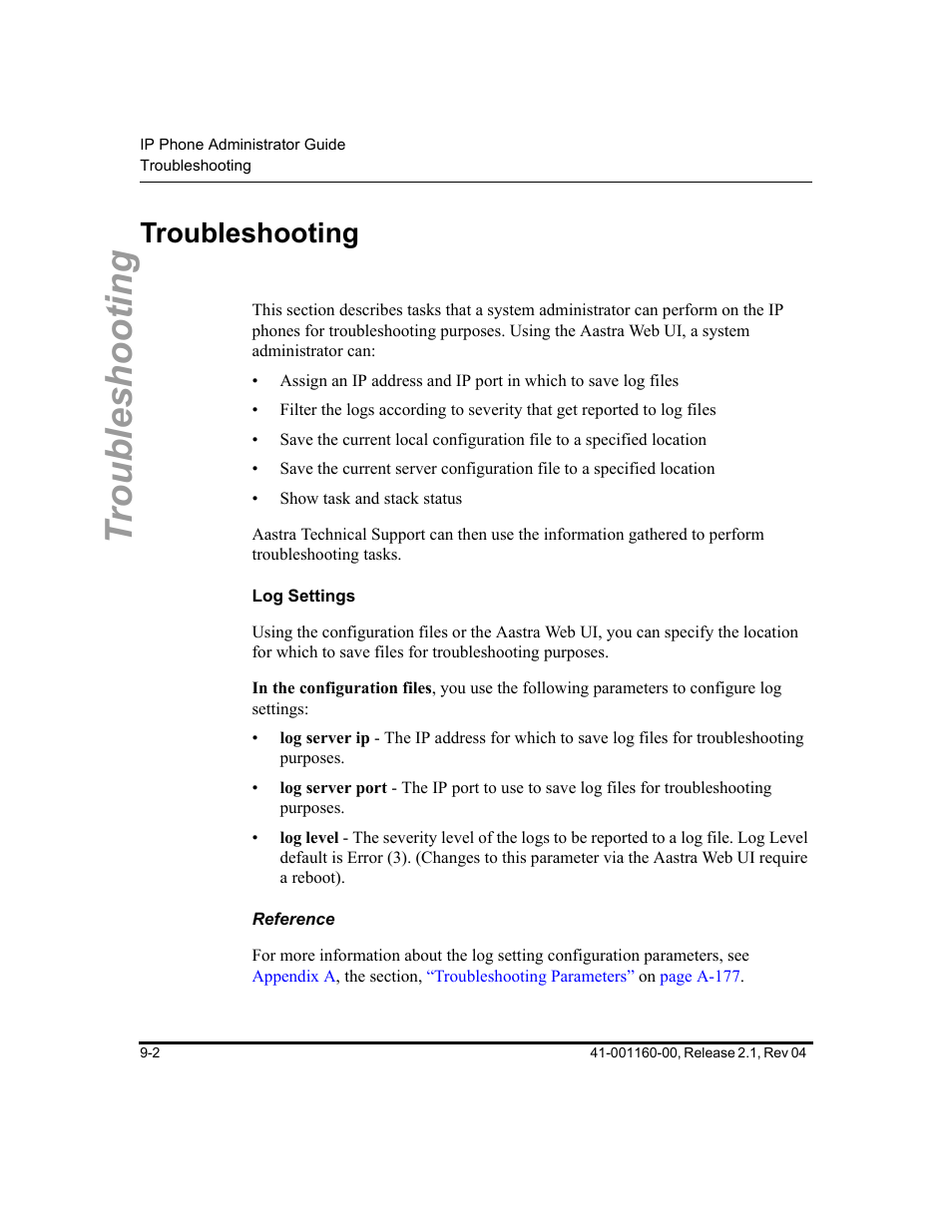 Troubleshooting, Log settings, Reference | Troubleshooting -2 | Aastra Telecom SIP 57I User Manual | Page 488 / 818