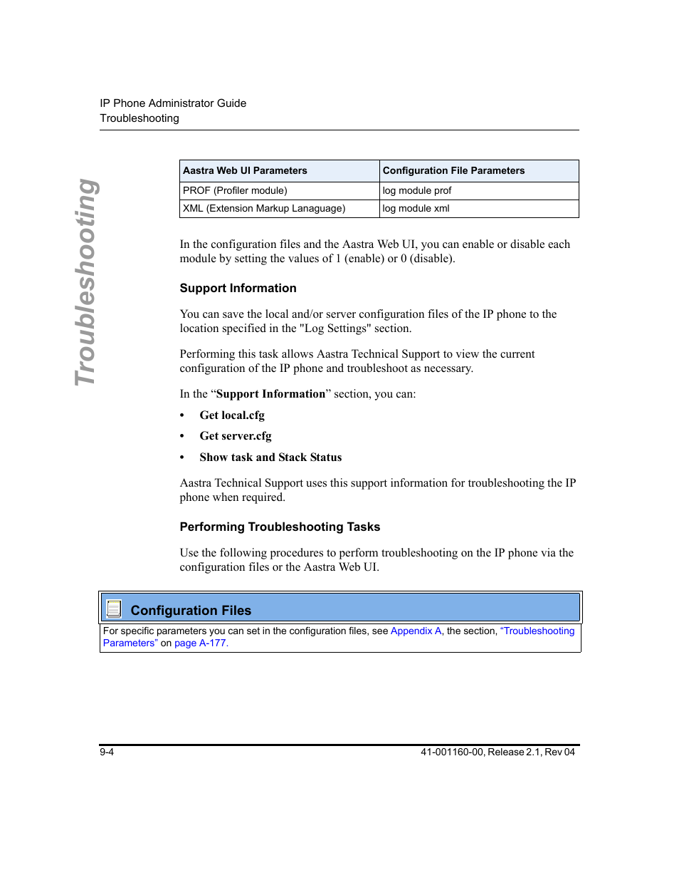 Support information, Performing troubleshooting tasks, Troubleshooting | Aastra Telecom SIP 57I User Manual | Page 490 / 818