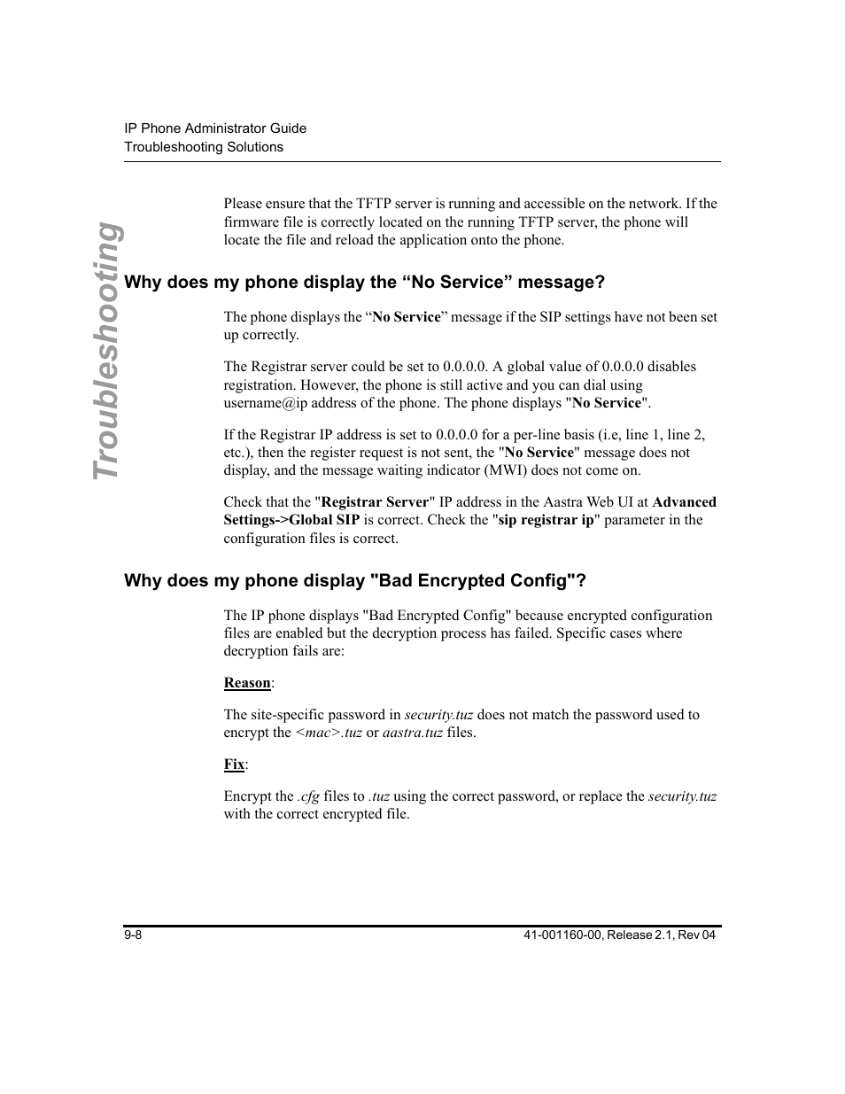 Why does my phone display the “no service” message, Why does my phone display "bad encrypted config, Troubleshooting | Aastra Telecom SIP 57I User Manual | Page 494 / 818