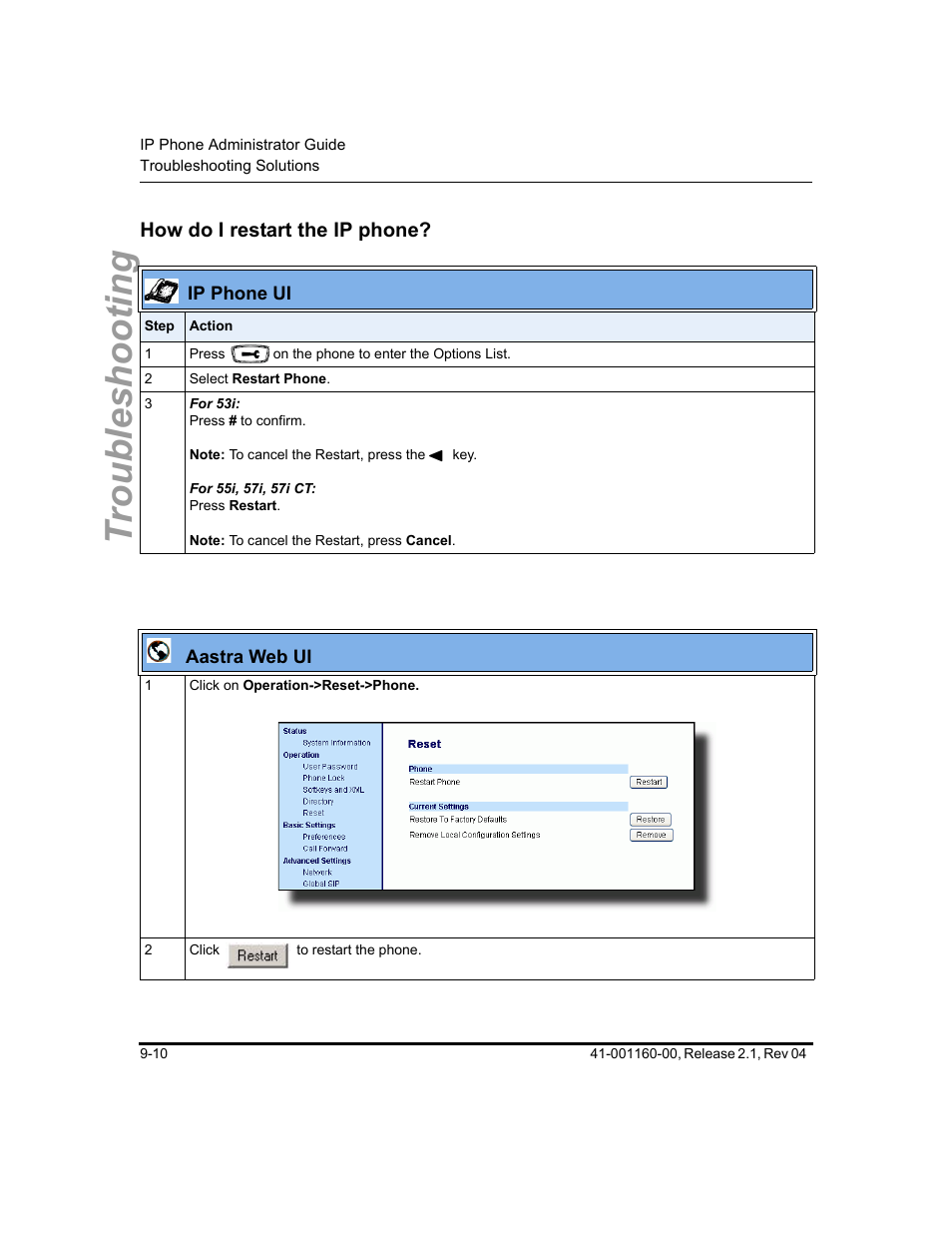 How do i restart the ip phone, How do i restart the ip phone? -10, Troubleshooting | Aastra Telecom SIP 57I User Manual | Page 496 / 818