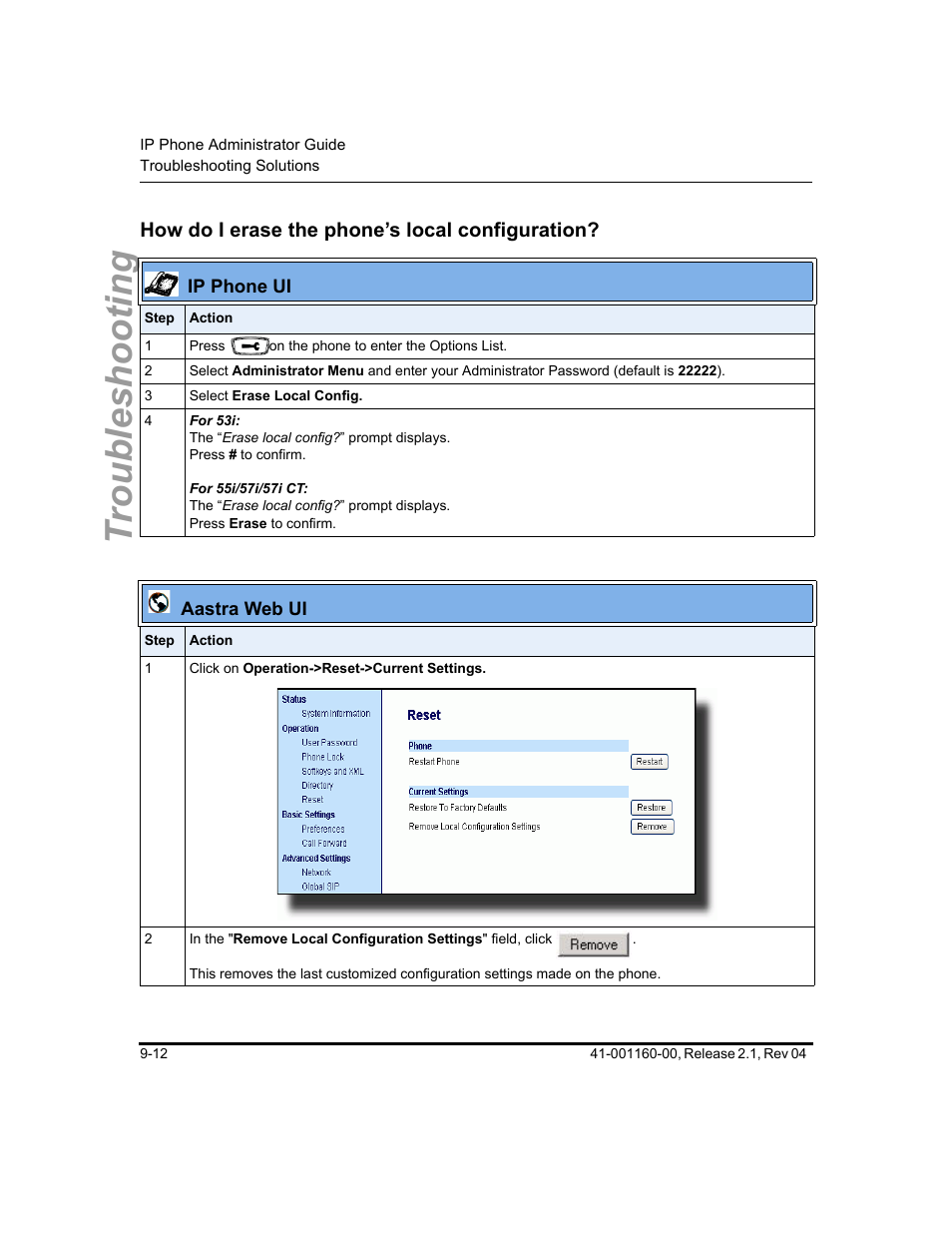 How do i erase the phone’s local configuration, Troubleshooting | Aastra Telecom SIP 57I User Manual | Page 498 / 818