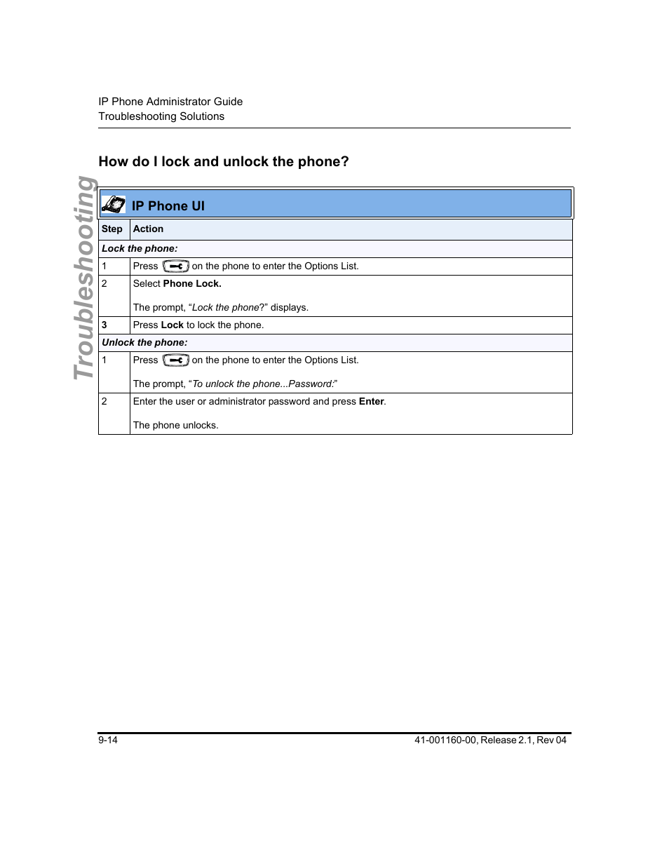 How do i lock and unlock the phone, How do i lock and unlock the phone? -14, Troubleshooting | Aastra Telecom SIP 57I User Manual | Page 500 / 818