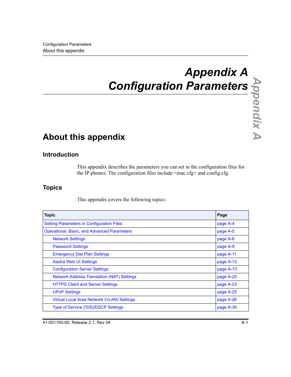 Appendix a configuration parameters, About this appendix, Appendix a | Configuration parameters, Appendix a, “configuration parameters, The se | Aastra Telecom SIP 57I User Manual | Page 503 / 818