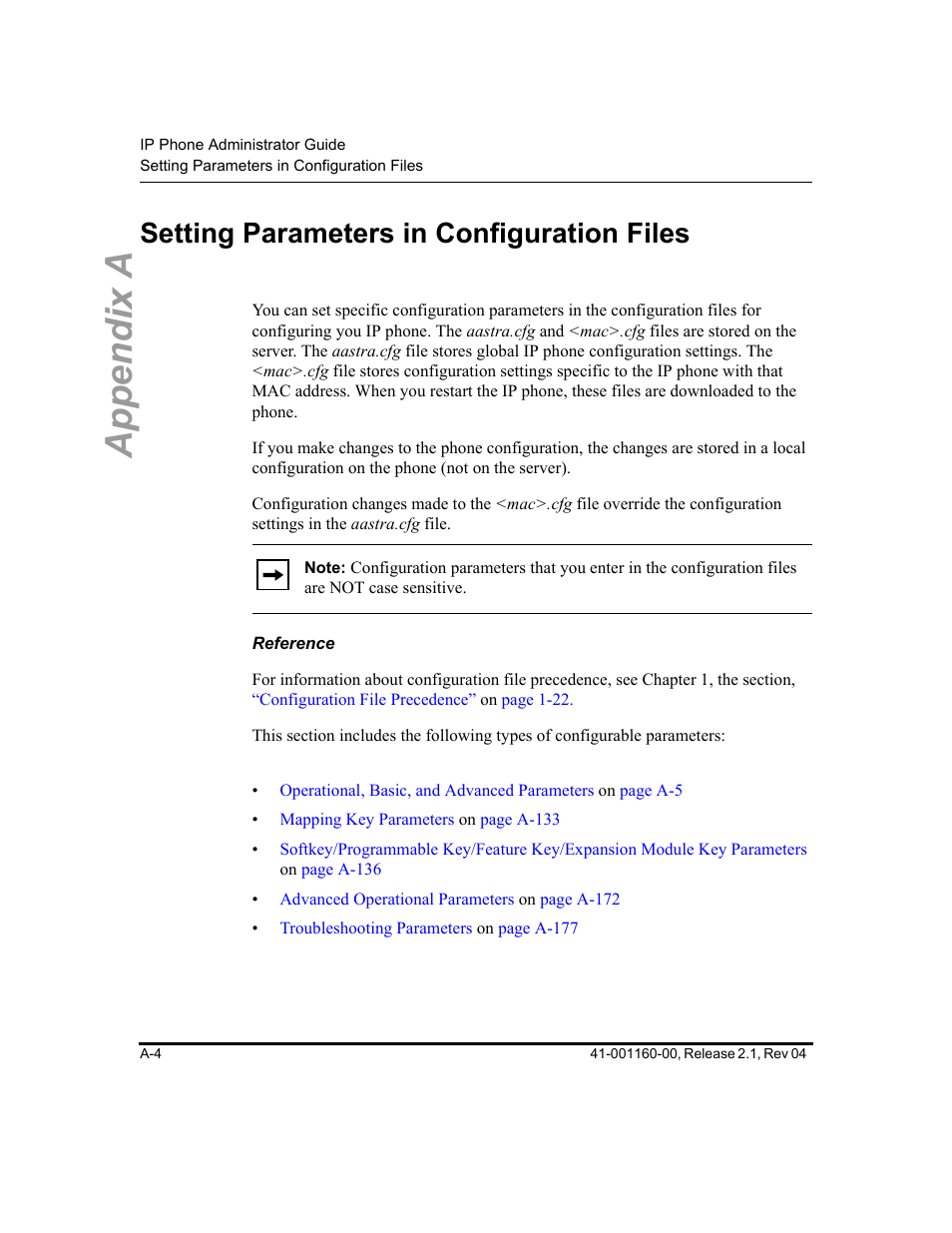 Setting parameters in configuration files, Reference, Appendix a | Aastra Telecom SIP 57I User Manual | Page 506 / 818