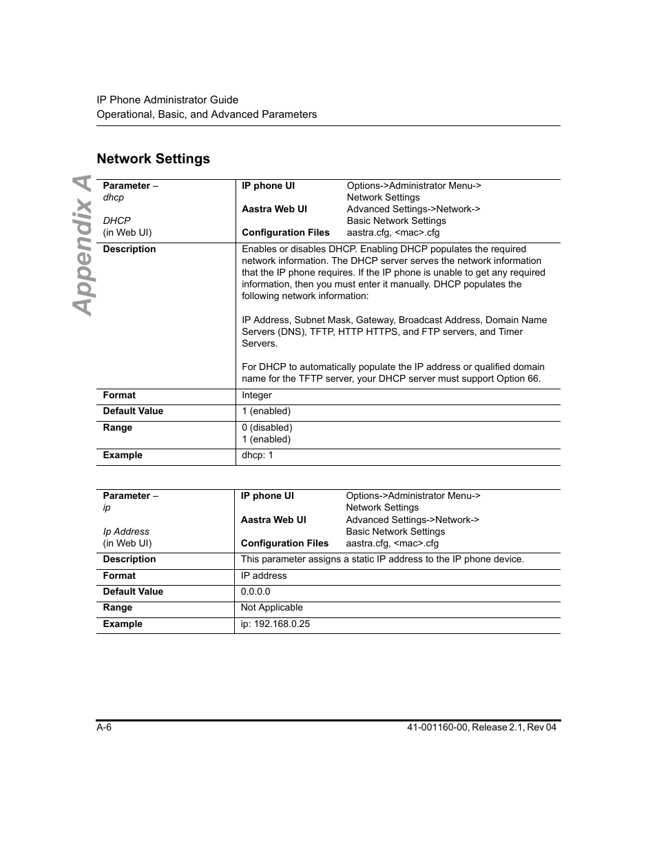 Network settings, Network, Settings | Appendix a | Aastra Telecom SIP 57I User Manual | Page 508 / 818