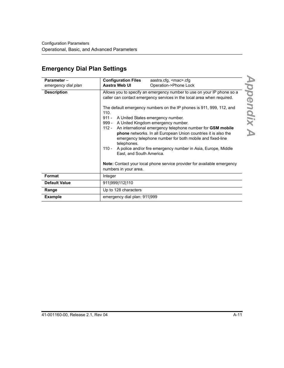 Emergency dial plan settings, Emergency dial, Plan settings | Appendix a | Aastra Telecom SIP 57I User Manual | Page 513 / 818