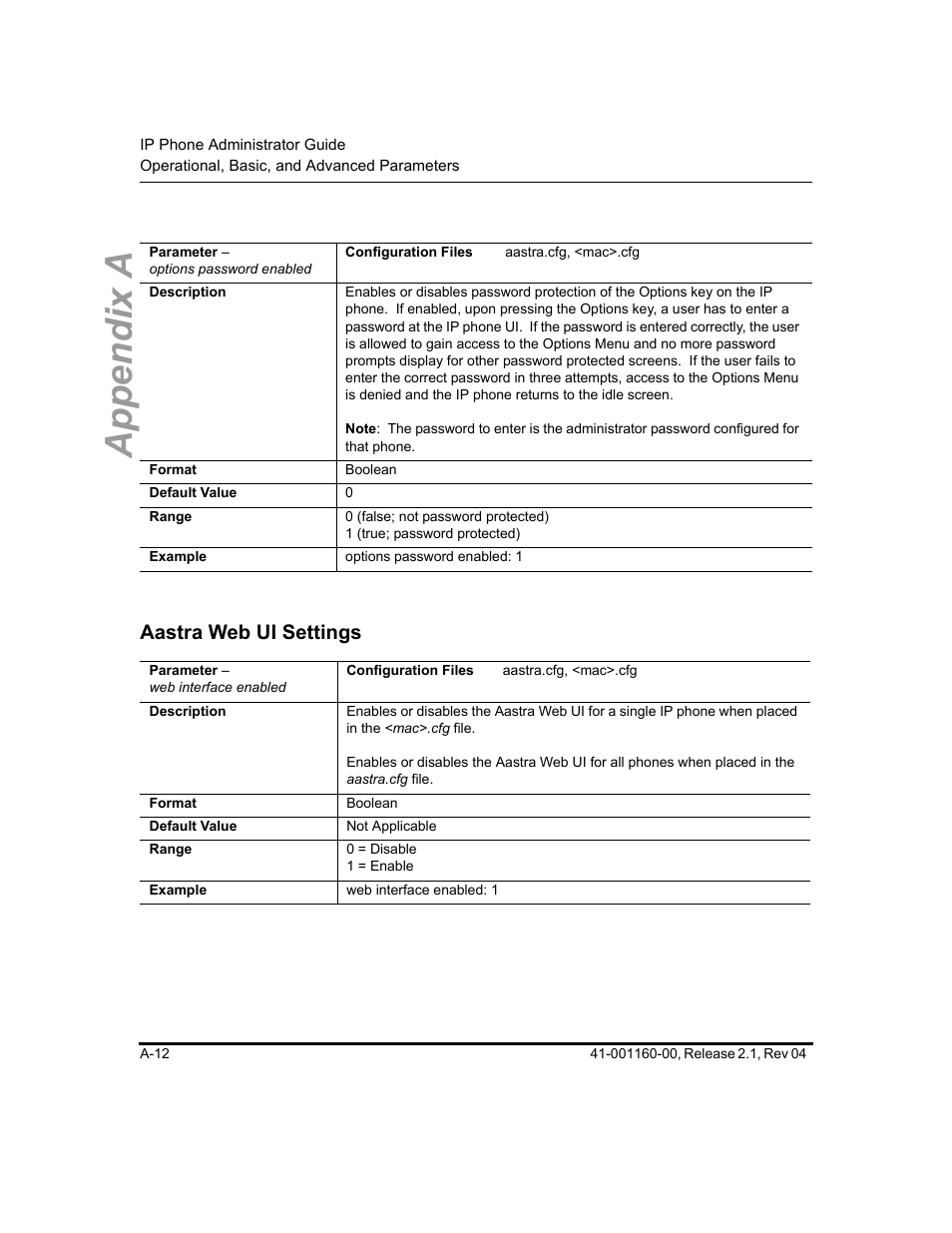 Aastra web ui settings, Appendix a | Aastra Telecom SIP 57I User Manual | Page 514 / 818