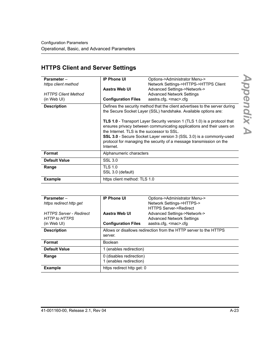 Https client and server settings, Https client, And server settings | Appendix a | Aastra Telecom SIP 57I User Manual | Page 525 / 818