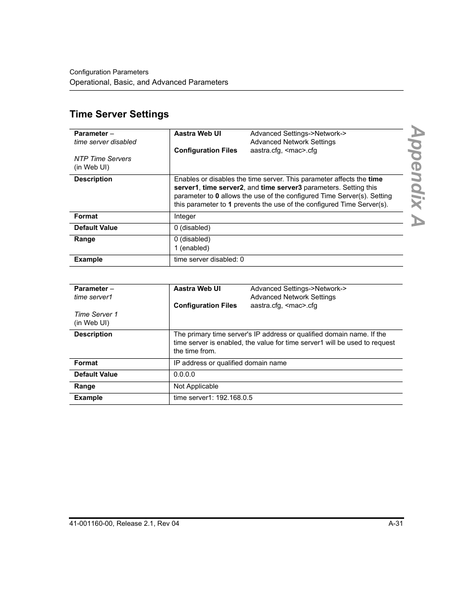Time server settings, Appendix a | Aastra Telecom SIP 57I User Manual | Page 533 / 818