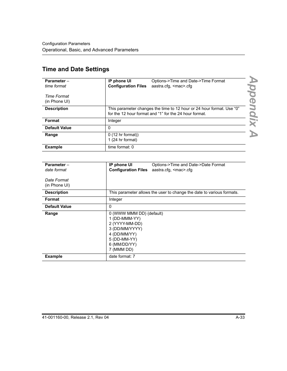 Time and date settings, Appendix a | Aastra Telecom SIP 57I User Manual | Page 535 / 818