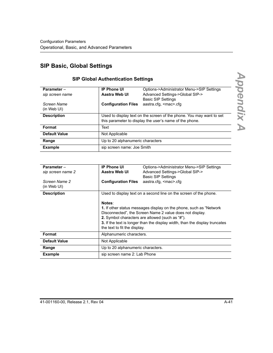 Sip basic, global settings, Sip global authentication settings, Sip basic | Global settings, Appendix a | Aastra Telecom SIP 57I User Manual | Page 543 / 818