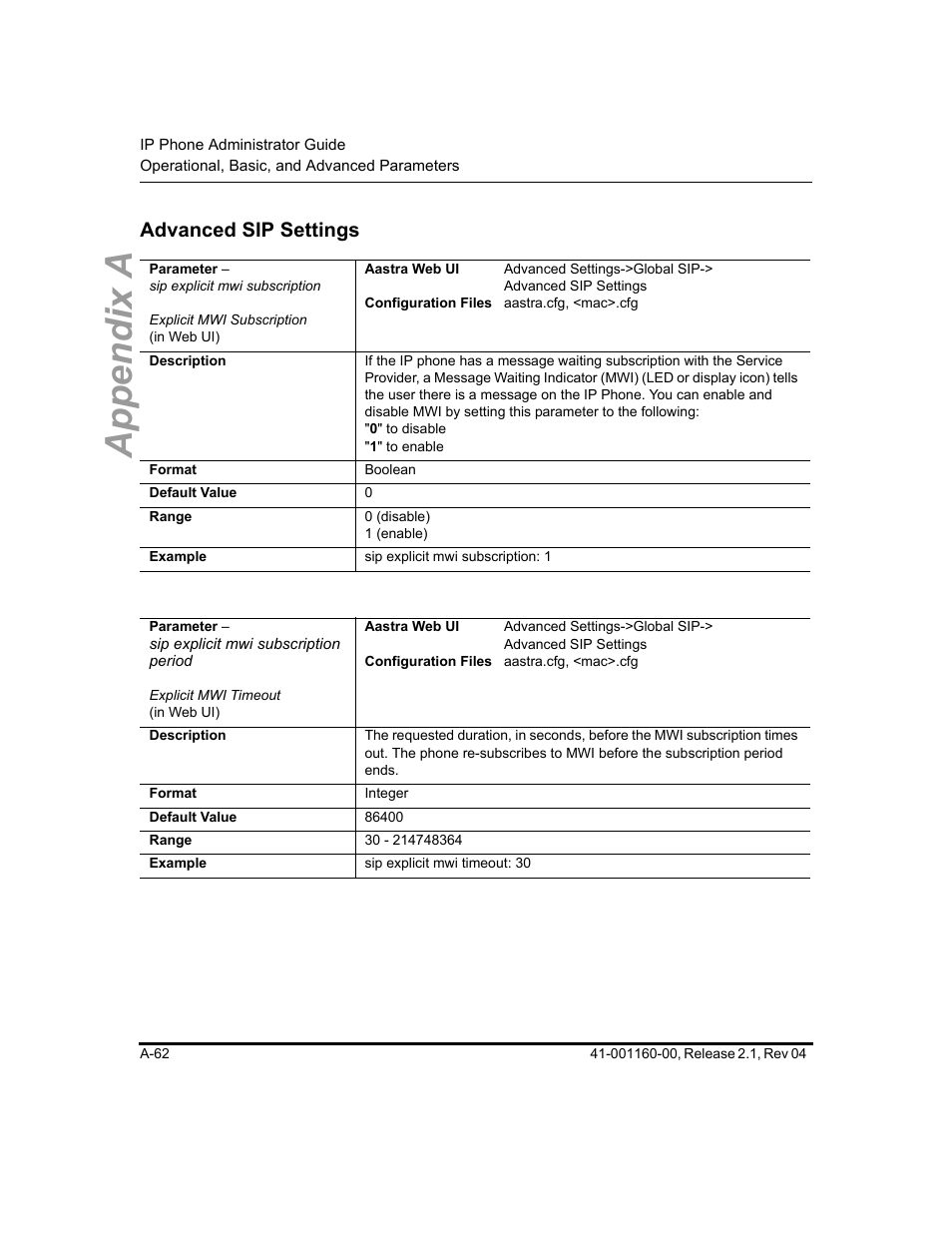 Advanced sip settings, Advanced sip, Settings | Section, Appendix a | Aastra Telecom SIP 57I User Manual | Page 564 / 818