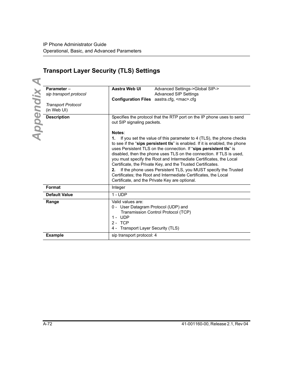 Transport layer security (tls) settings, Section, Transport layer | Security (tls) settings, Appendix a | Aastra Telecom SIP 57I User Manual | Page 574 / 818