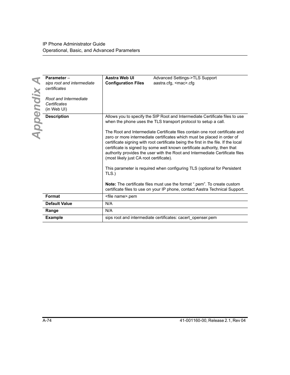 Appendix a | Aastra Telecom SIP 57I User Manual | Page 576 / 818