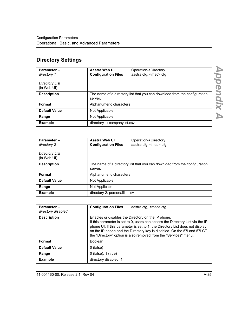 Directory settings, Appendix a | Aastra Telecom SIP 57I User Manual | Page 587 / 818