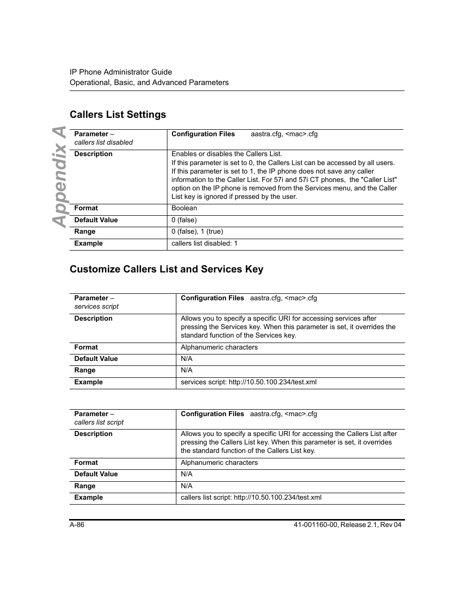 Callers list settings, Customize callers list and services key, Customize | Callers list and services key, Appendix a | Aastra Telecom SIP 57I User Manual | Page 588 / 818