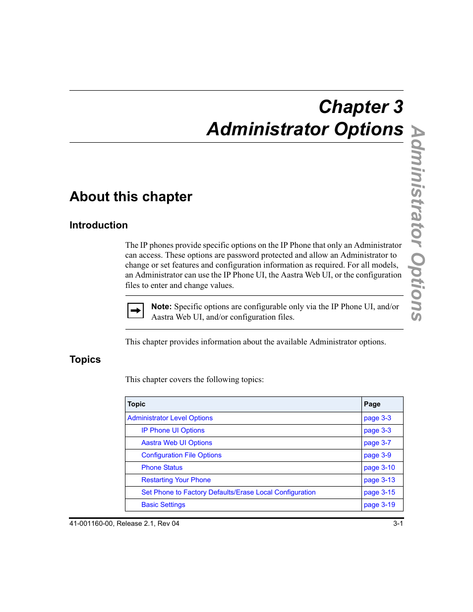 Chapter 3 administrator options, About this chapter, About this chapter -1 | Chapter 3 | Aastra Telecom SIP 57I User Manual | Page 59 / 818