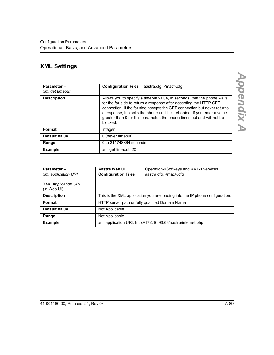 Xml settings, Appendix a | Aastra Telecom SIP 57I User Manual | Page 591 / 818