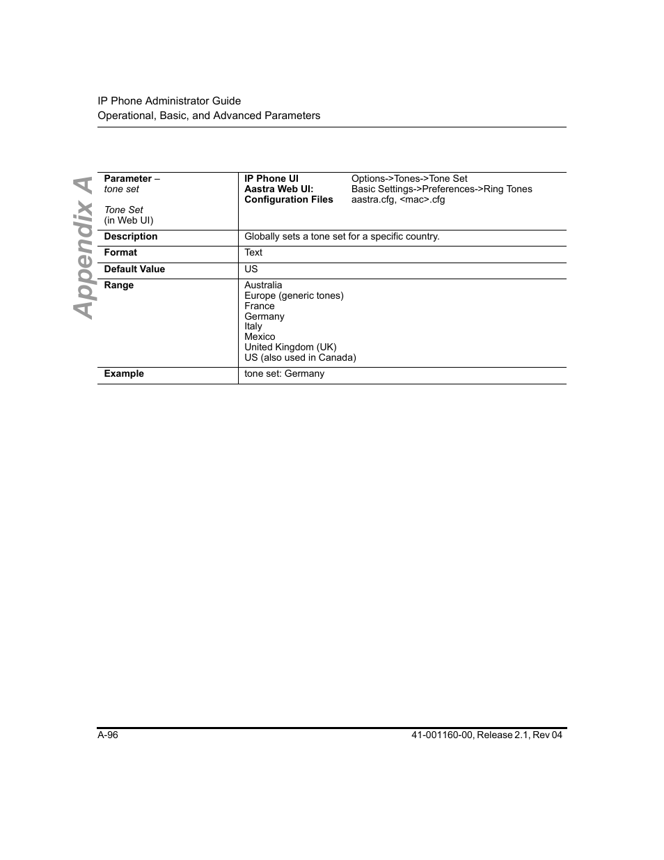 Appendix a | Aastra Telecom SIP 57I User Manual | Page 598 / 818