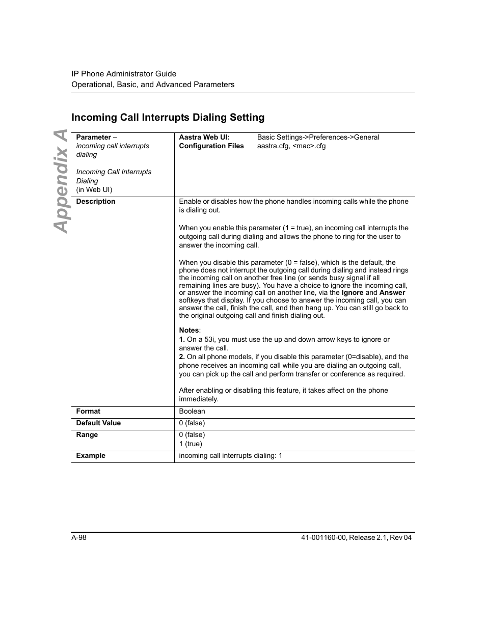 Incoming call interrupts dialing setting, Incoming call interrupts, Dialing setting | Appendix a | Aastra Telecom SIP 57I User Manual | Page 600 / 818