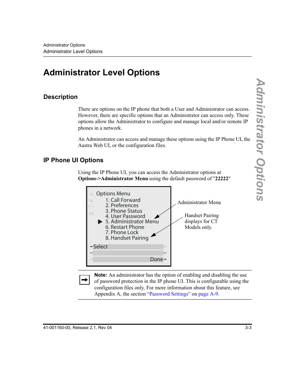 Administrator level options, Description, Ip phone ui options | Administrator level options -3, Description -3, Ip phone ui options -3, Administrator options | Aastra Telecom SIP 57I User Manual | Page 61 / 818