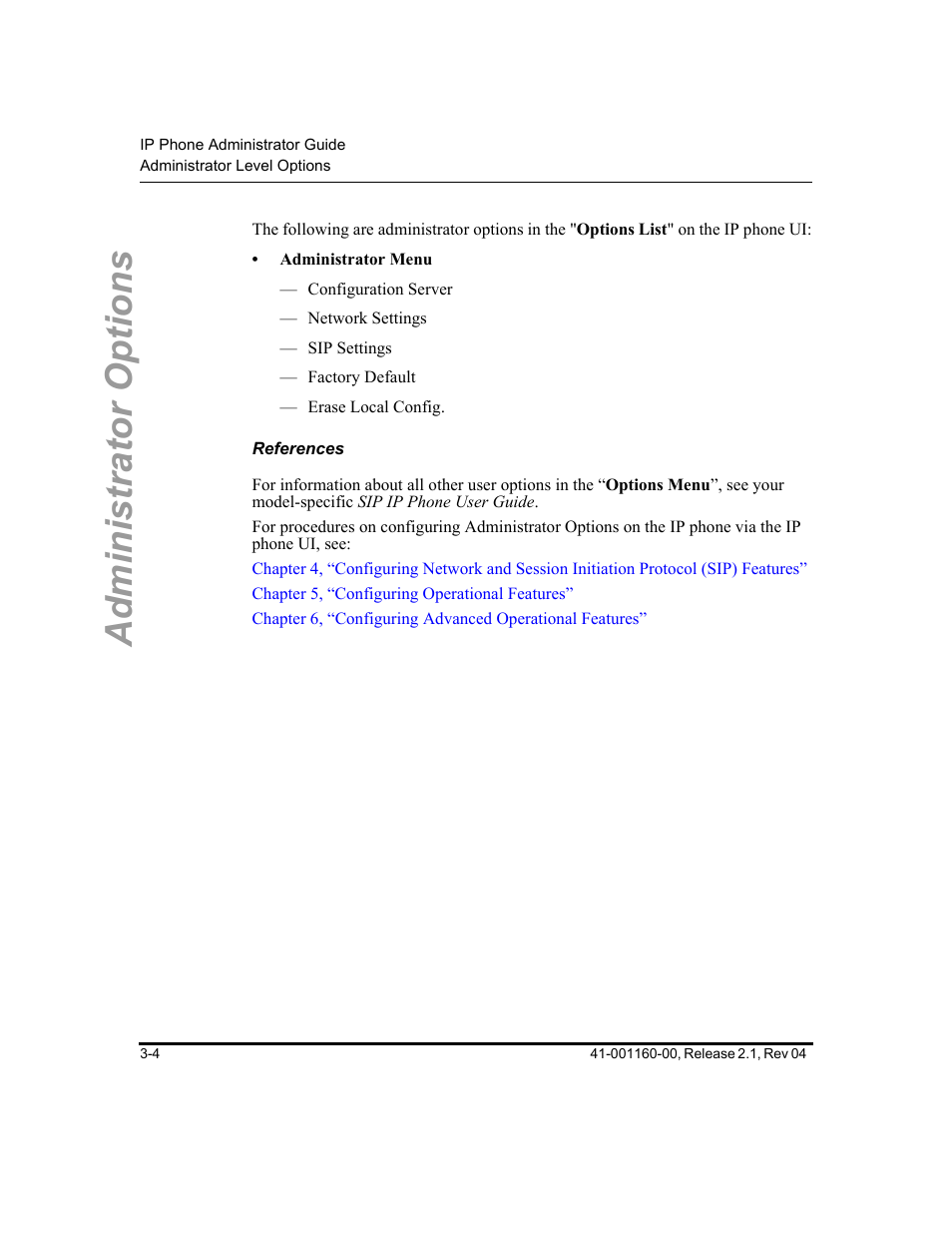 References, Administrator options | Aastra Telecom SIP 57I User Manual | Page 62 / 818