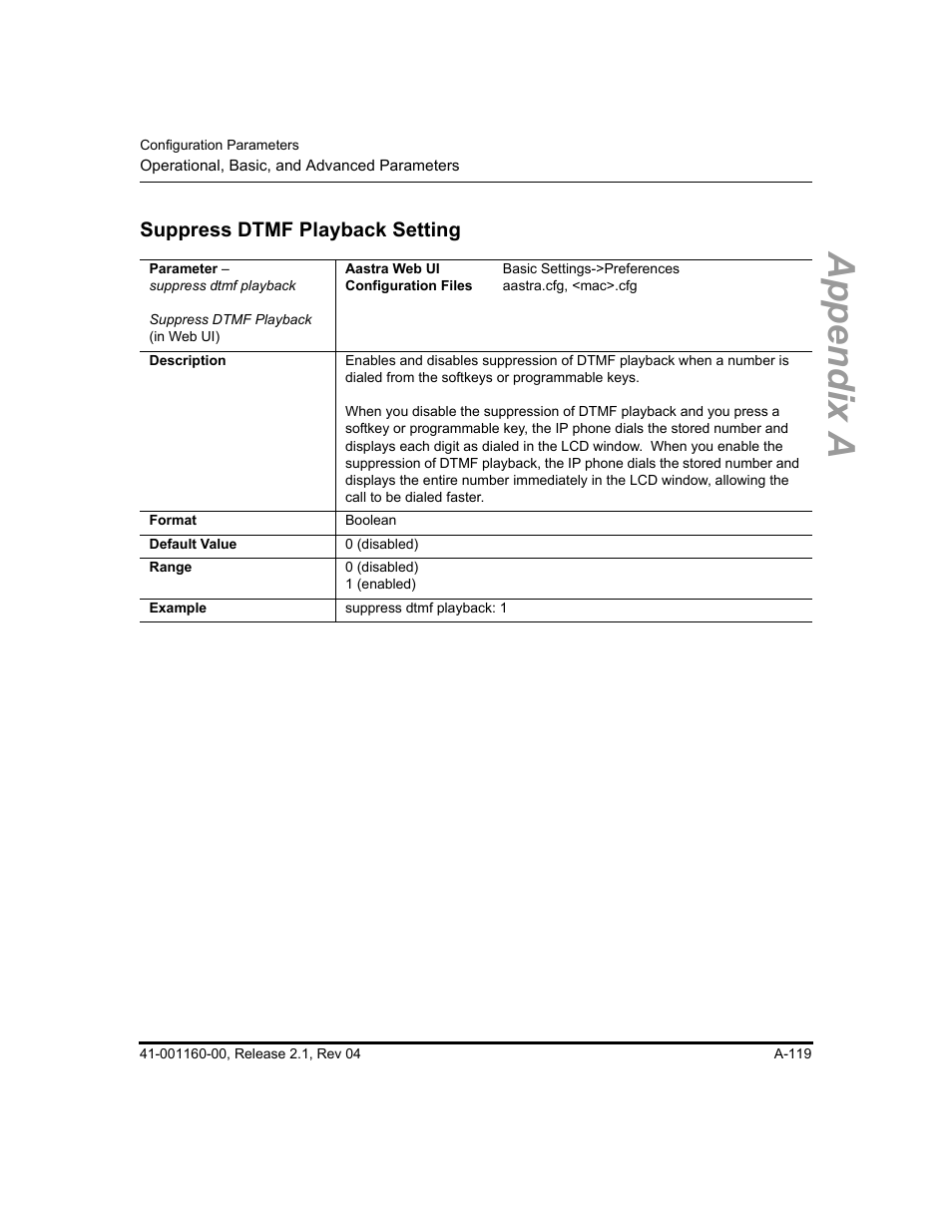 Suppress dtmf playback setting, Suppress dtmf, Playback setting | Appendix a | Aastra Telecom SIP 57I User Manual | Page 621 / 818