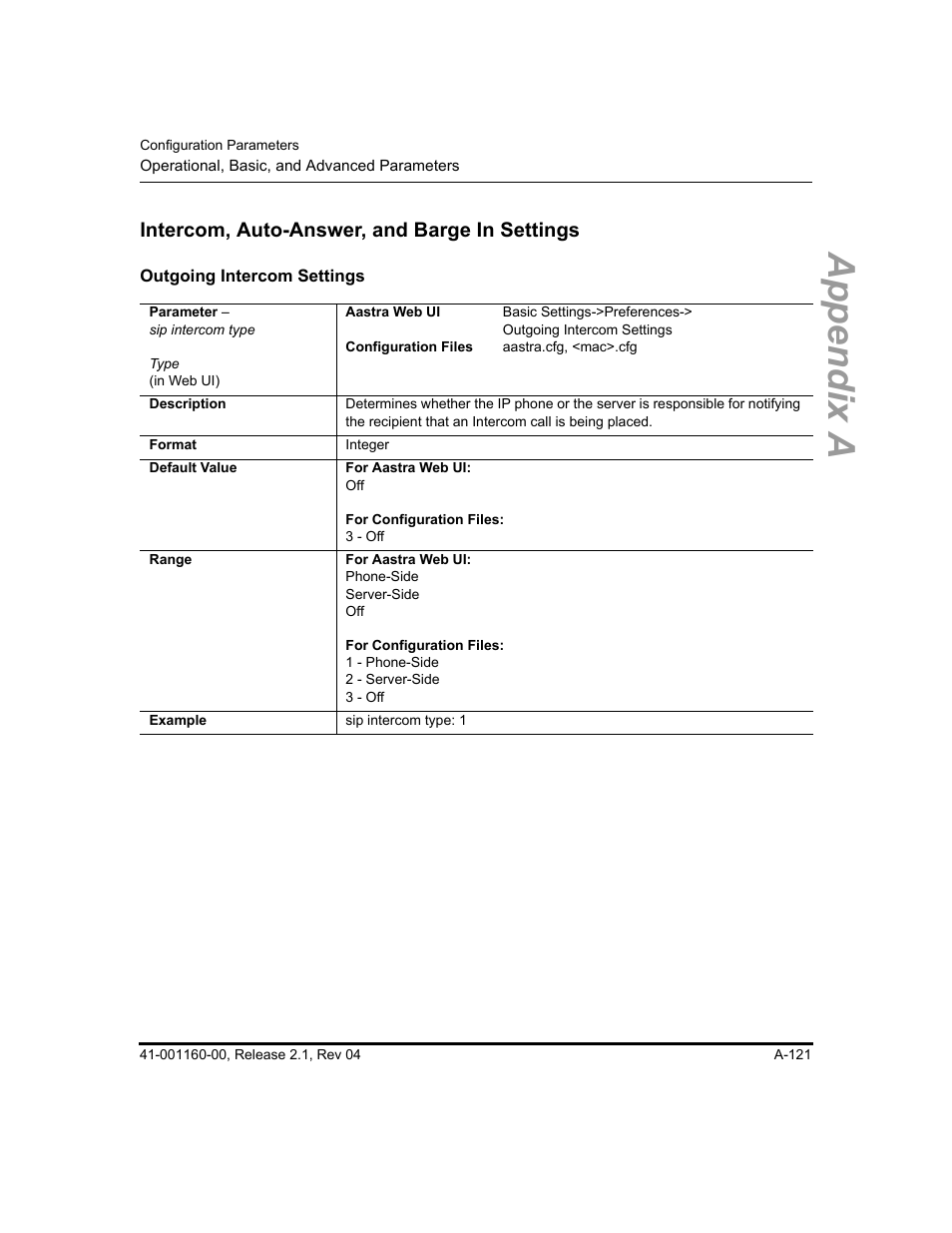 Intercom, auto-answer, and barge in settings, Outgoing intercom settings, Section | Appendix a | Aastra Telecom SIP 57I User Manual | Page 623 / 818