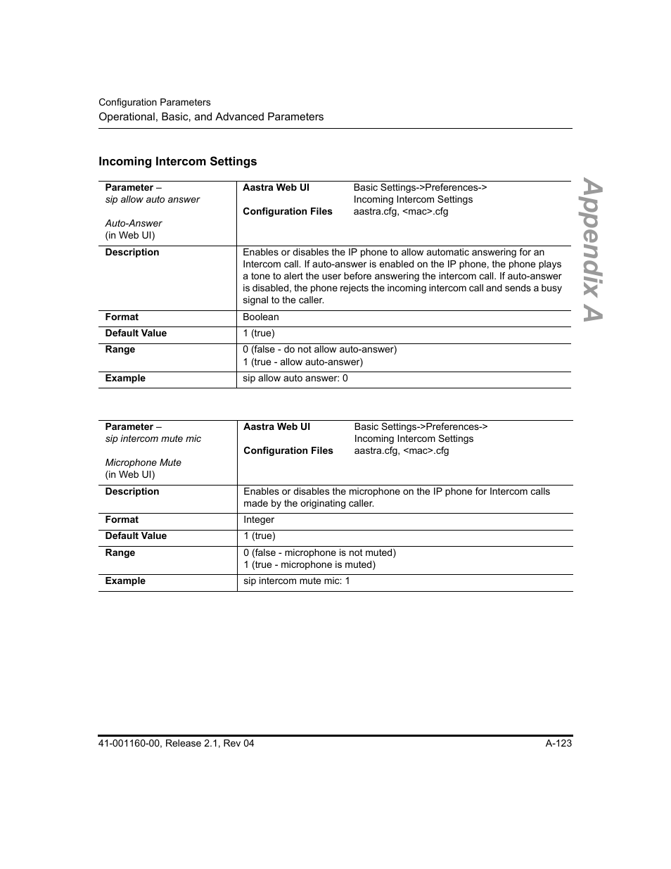 Incoming intercom settings, Section, Appendix a | Aastra Telecom SIP 57I User Manual | Page 625 / 818